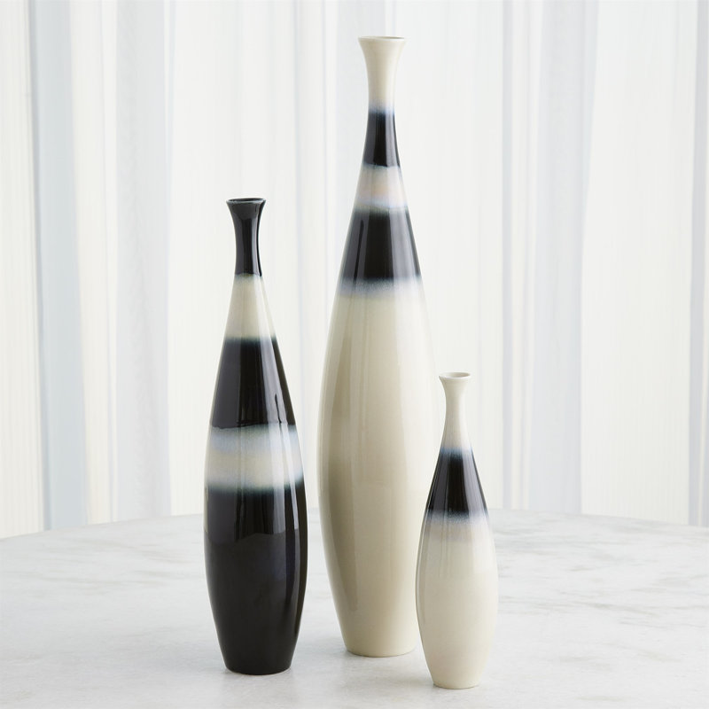 Banded Handmade Porcelain Decorative Bottles, Black/White, 19.5" H x 3.5" W x 3.5" D