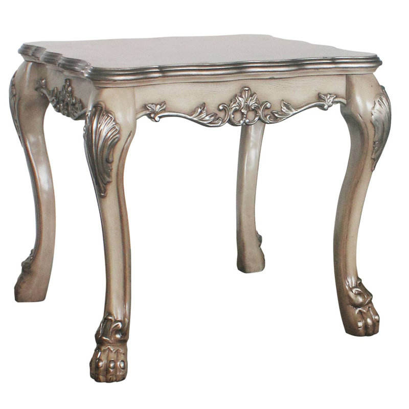 Table de bout traditionnelle carrée en blanc rétro avec des gravures élégantes et des éléments décoratifs en os complexes