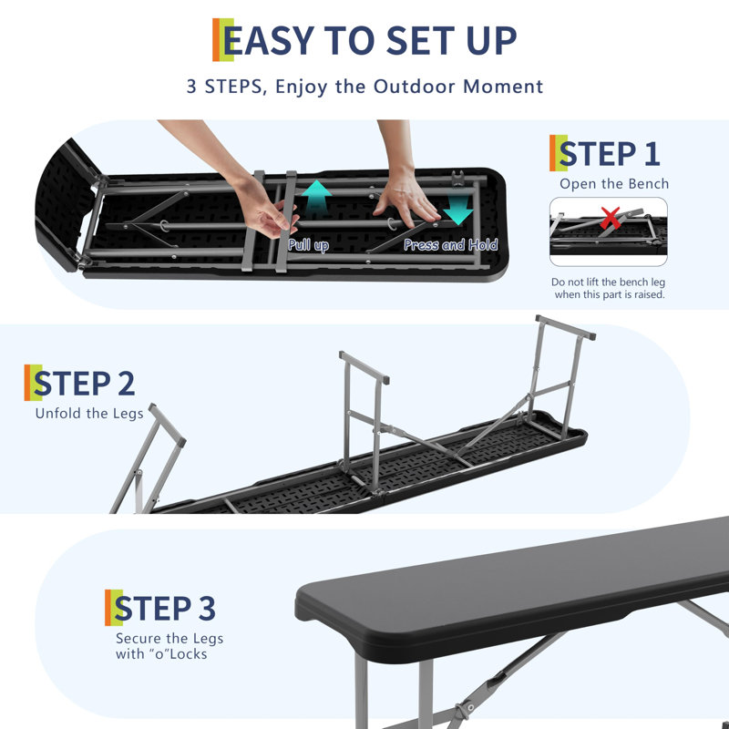 Portable Folding Bench 6 Foot 2 Pack, Plastic Foldable Bench HDPE Bench Top with Carrying Handle for Outdoor Picnic Camping Party Sports Activities