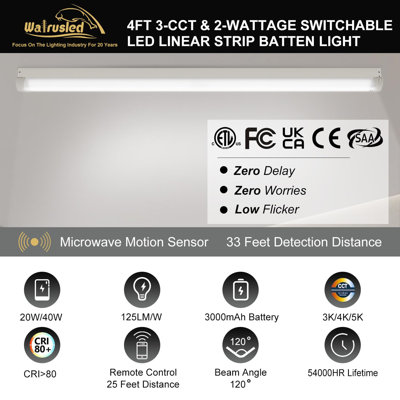4FT Tri-Level Motion Sensor LED Linear Strip Emergency Stairwell Light w/Remote, 3 CCT, 20W/40W 125lm/w, Battery Backup, 30K/40K/50K, IP20, Dimmable 4 Foot Commercial Shop Ceiling Light Fixture, ETL