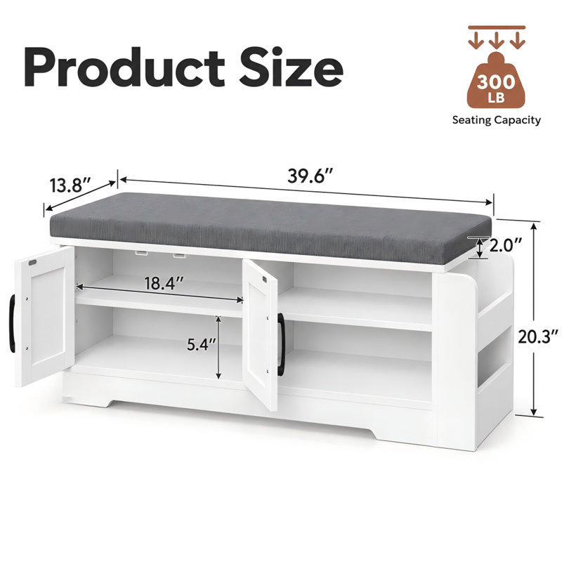 Banc de rangement à chaussures de style campagnard avec siège rembourré, armoire et étagères réglables