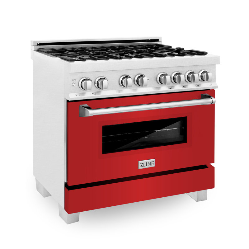 ZLINE 36" Legacy Dual Fuel Range, Red Matte Satin Stainless Steel