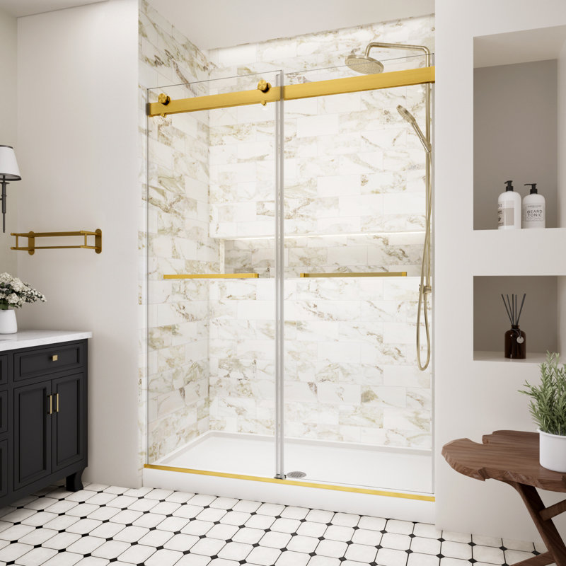 Porte de douche sans cadre l 44 à 48 po x H 74 po avec verre trempé anti-déflagrant de 5/16 po (8 mm), porte de douche coulissante avec anticollision à fermeture en douceur, or brossé