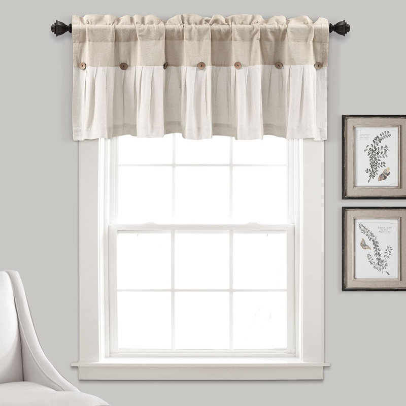 Linen Button Farmhouse Valance, 52" W X 18" L, & - Rustic Kitchen Valance For Windows - Pleated Color Block Design With Coconut Husk Button Detail - Kitchen Curtains Valance