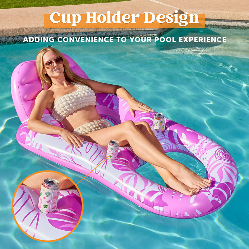 Inflatable Pool Floats Lounger with Cup Holders Foot Rest, Pink/White