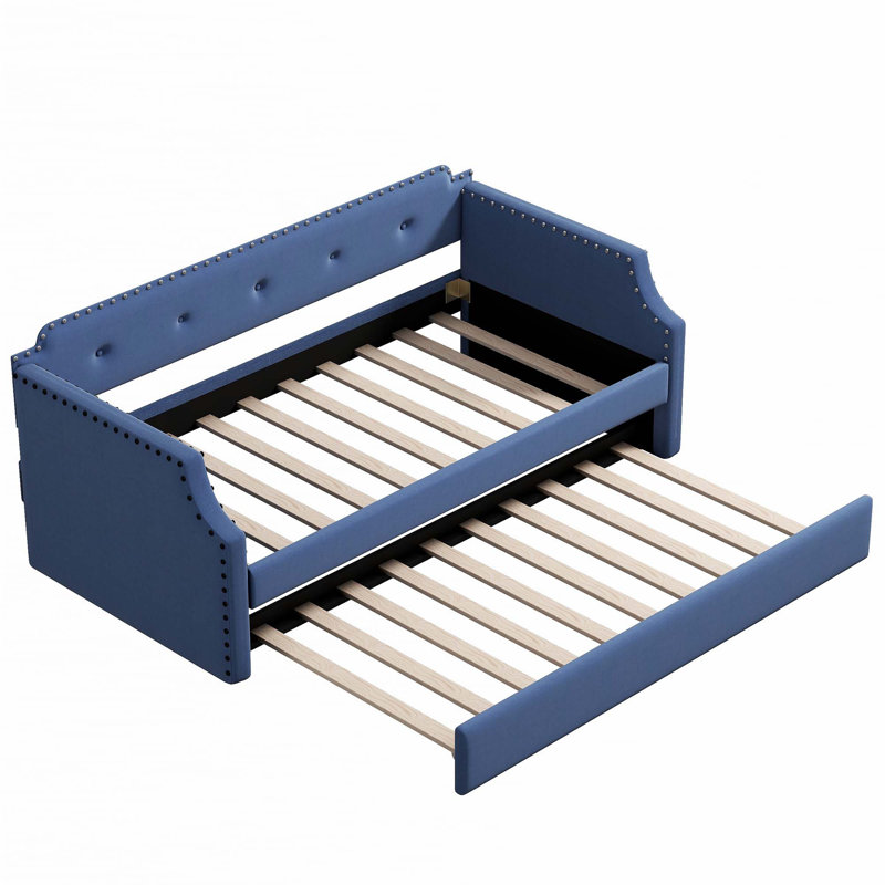 Upholstered Daybed with Trundle, Wood Slat Support,Upholstered Frame Sofa Bed, Blue