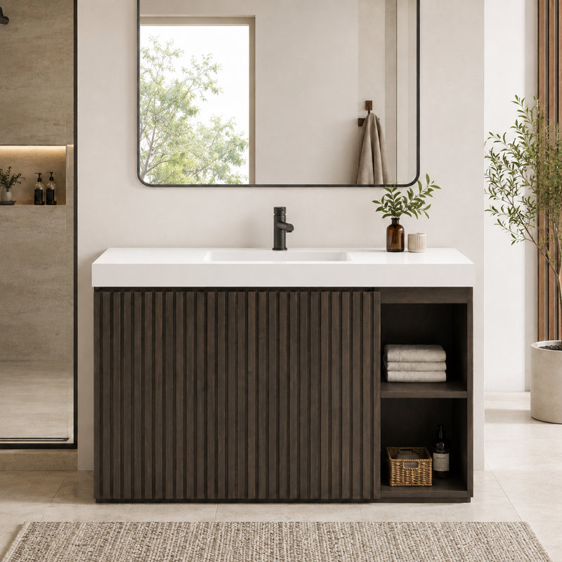Meuble-lavabo autoportant cannelé en chêne fumé 48 po avec rangement, tablettes réglables et design moderne 48 po