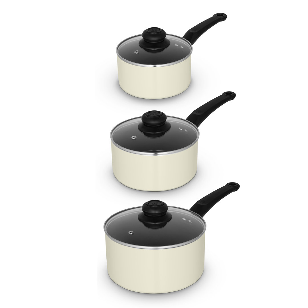 Swan Townhouse 3 Piece Saucepan Set with 16/18/20cm saucepans with Glass Lids, Bakelite Handles, Suitable for All Hob Types (excluding induction), Ove