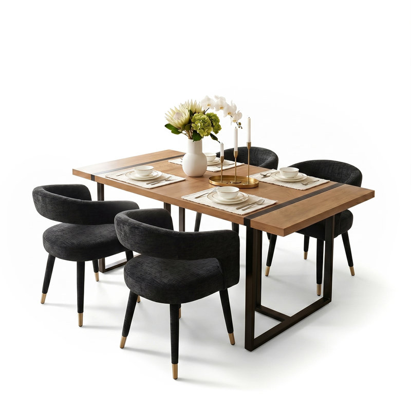 Modern 5-Piece Dining Set With 59" Rectangular Table And 4 Upholstered Arm Chairs, Black