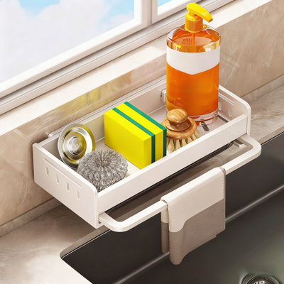 White Wall-Mounted Kitchen Sink Storage Rack, Easy To Install Without Drilling, With A Water Collection Tray And Drying Rod, Clean And Tidy, Suitable For Storing Cleaning Agents, Brushes And Rags, And Can Also Be Used In The Bathroom To Store Bath Produc