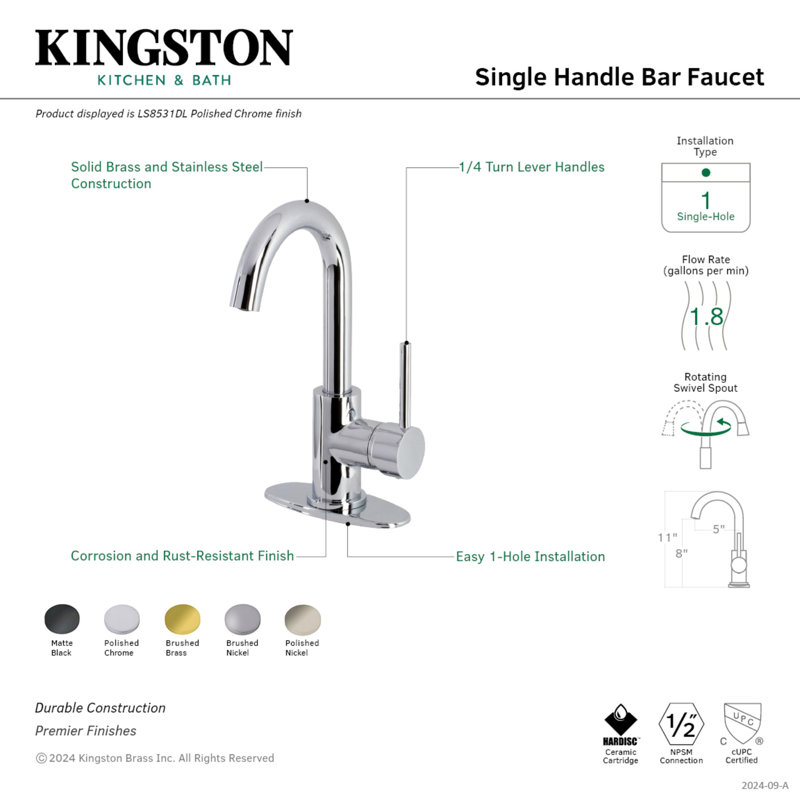 Kingston Brass Concord Single-Handle 1-Hole Deck Mount Bar Faucet, Brushed Brass