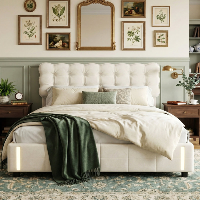 UK & EU Sizes Velvet Ottoman Bed With Motion Sensor LED Lights, Upholstered Cloud Tufted Frame, Beige, Kingsize (5')