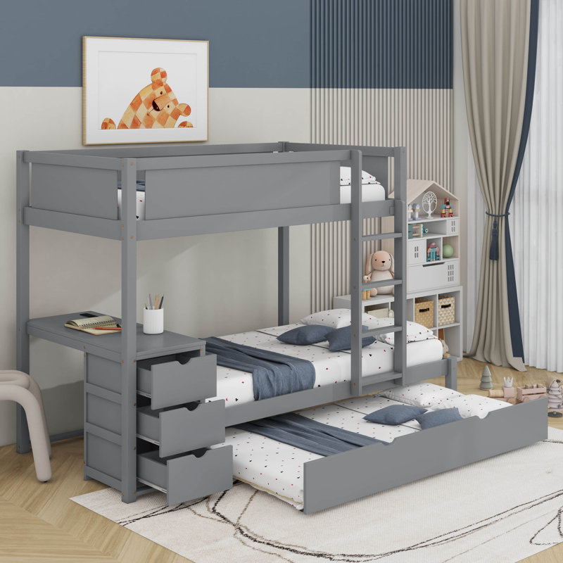 Lit superposé avec lit gigogne et bureau, Gris, Lit superposé simple sur simple