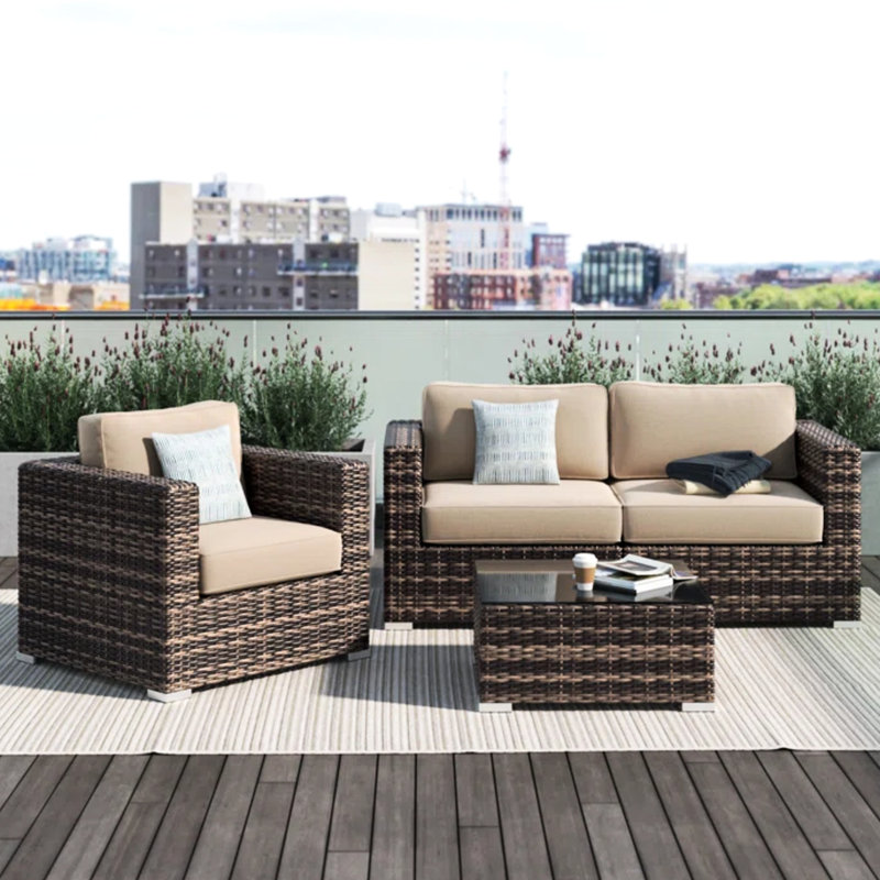 Ensemble de 4 sièges pour 3 personnes entièrement équipés avec méridienne, table basse et 6 coussins hydrofuges, incluant une structure confortable et résistante aux intempéries