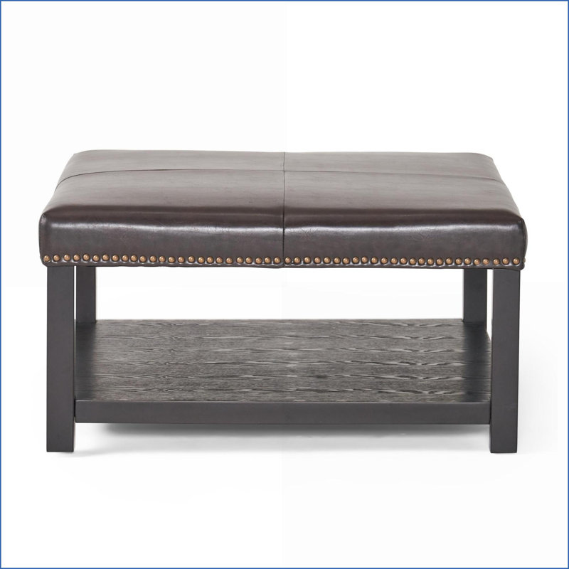 Ottoman, Oversized Dark Brown Faux Leather Square Bench with Rack &amp; Solid Wood Legs for Living Room | Dark Brown | Wood