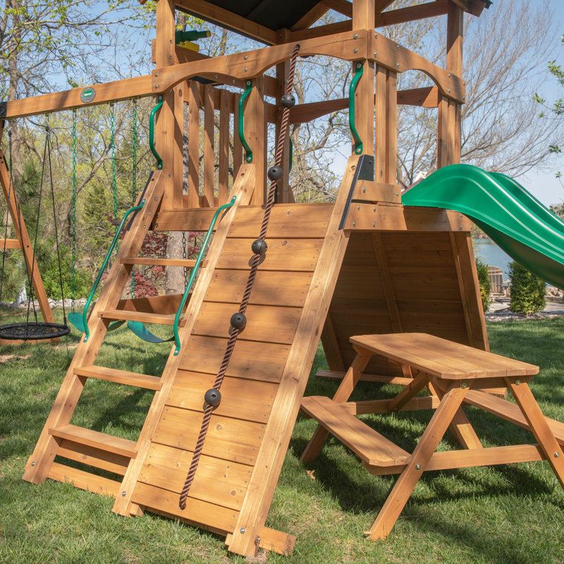 Endeavor II Cedar Wood Swing Set with Green Wave Slide