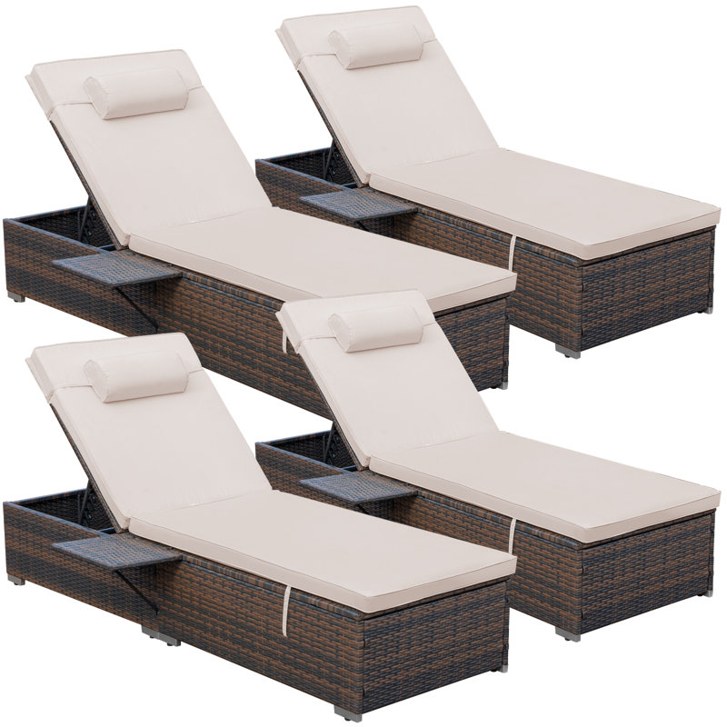 Latitude Run® Outdoor Chaise Lounge Chair Set, PE Wicker Patio Reclining Lounge Chairs with Adjustable Backrest and Sidetable, Sunbathing Pool Lounger with Cushions, Head Pillows for Poolside, Courtyard, Garden, Deck