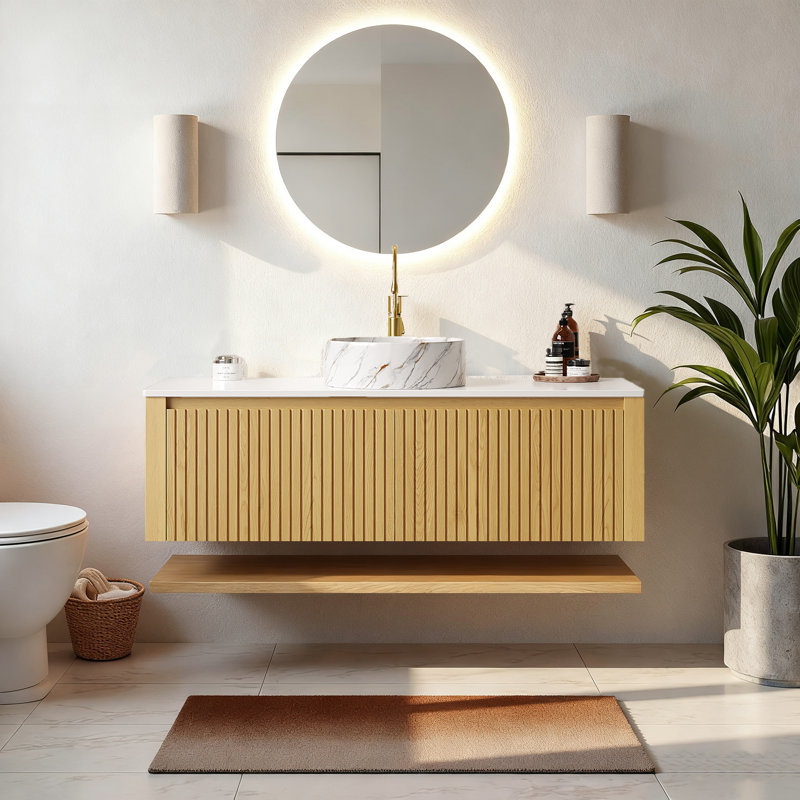 HIZON 48" Floating Bathroom Vanities With Vessel Sink,Fluted Bathroom Cabinet With Drawers And Open Shelf, Round
