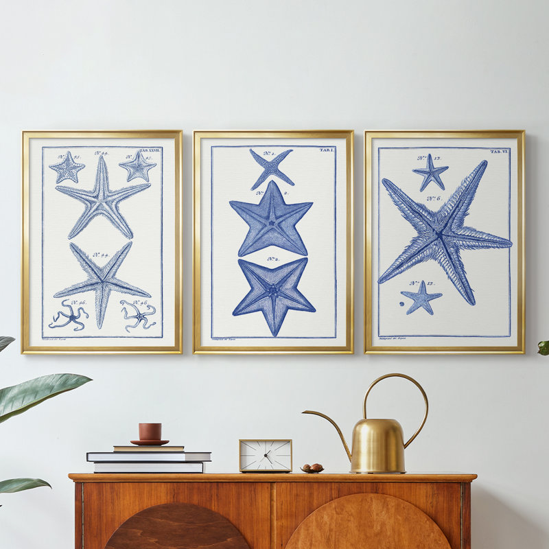 Blue Sea Stars I - Toile tendue avec châssis sur mesure - 3 pièces, H 15 po x l 19 po, Doré
