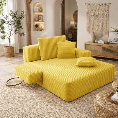 Canapé-lit double surdimensionné en velours côtelé moelleux, convertible avec poches de rangement, 3 coussins moelleux, canapé sans cadre pour appartement, cinéma maison et chambre d'étudiant, jaune
