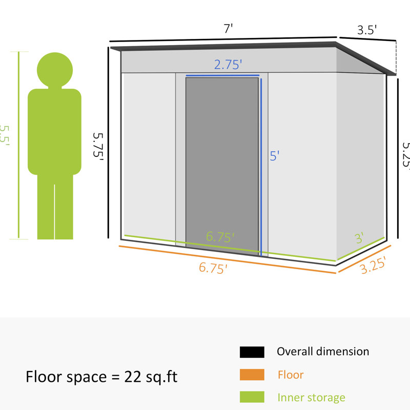 Remise de jardin en métal 7 pi x 4 pi pour le rangement extérieur - portes coulissantes doubles et 2 bouches d'aération, cour idéale, patio, pelouse, portes de jardin argenté, pelouse