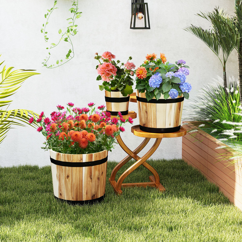 Ensemble de 3 pots à fleurs en bois pour l'extérieur avec cadre en bois d'acacia
