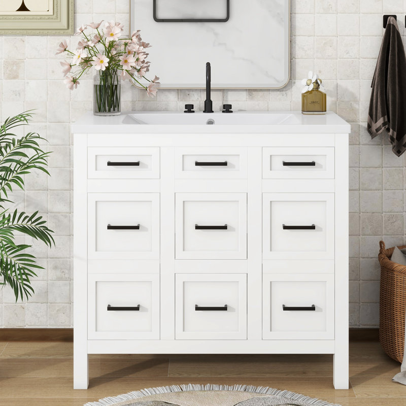 Meuble-lavabo 36 po avec lavabo intégré en résine, meuble-lavabo, Blanc