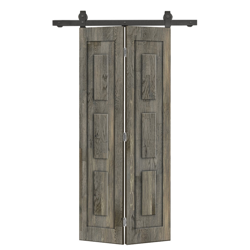 Ensemble de quincaillerie pour porte de grange coulissante en bois de pin 3 panneaux, 36 po x 84 po, Gris patiné