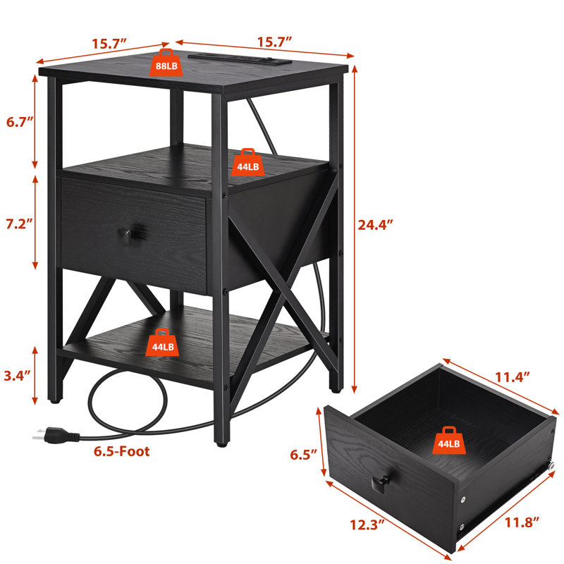Tables d'appoint avec station de charge, table de chevet noire avec prises, tables de chevet avec tiroir en bois, Noir / Noir
