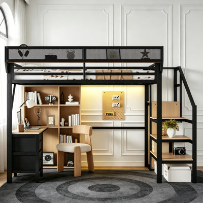 Full Size Metal Loft Bed with Desk and Charging Station & LED Lights, Heavy Duty Loft Bed with Storage Stairs and Shelves & Wardrobe for Teens Adults, Black