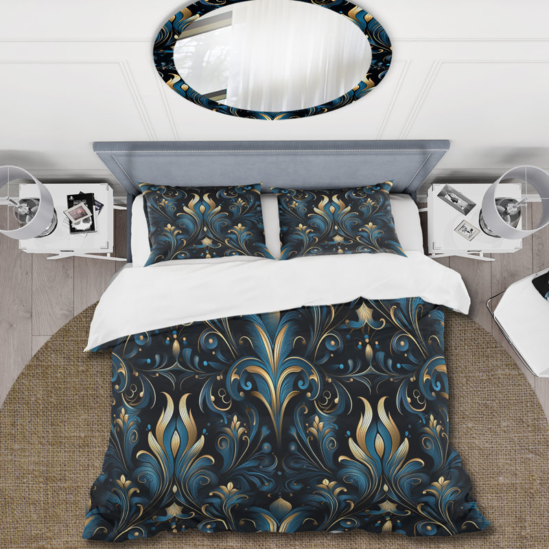 Motif de fleurs bleues et dorées de luxe III - ensemble de housse de couette Ikat - microfibre de polyester