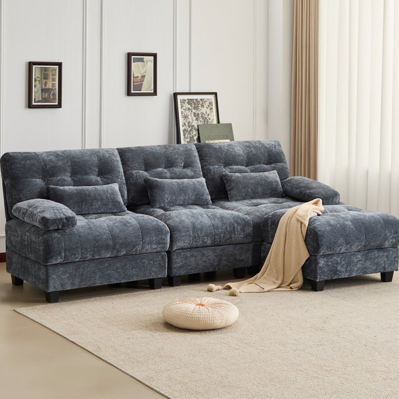 Capacité de poids de 350 lb avec 4 positions réglables, 93 pouces 3 + 1 sièges et tissu chenille bleu, capacité de conception de 3 coussins décoratifs, chenille, décoratif