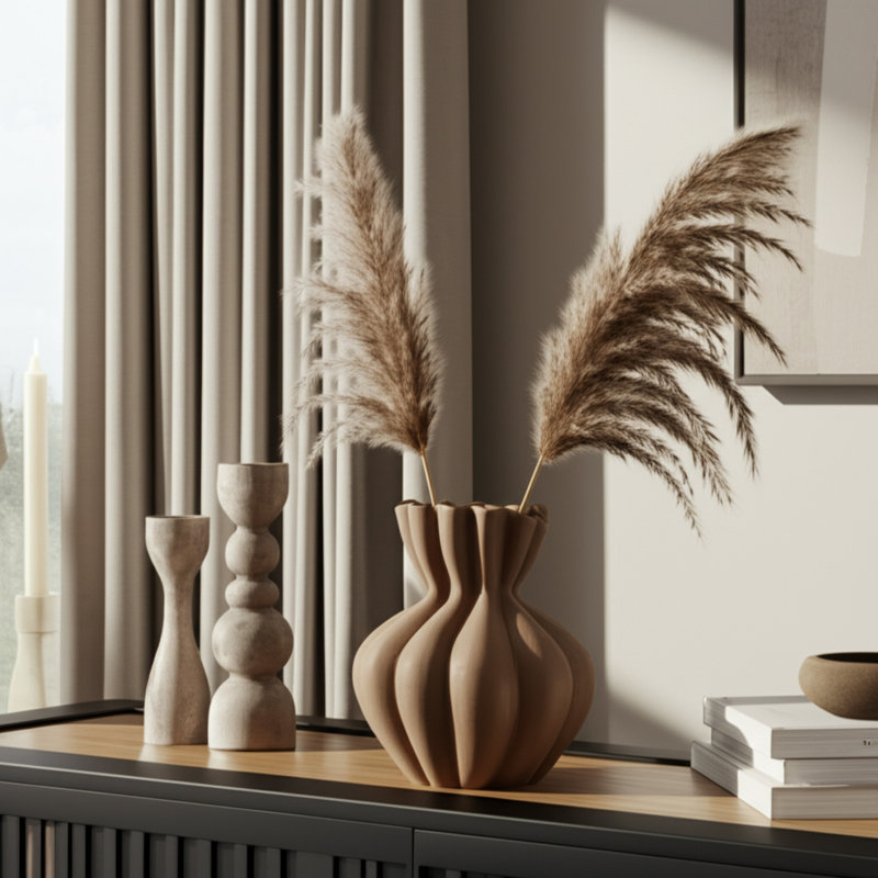 Decorative Stoneware Vase with Sculpted Organic Contours and Fluted Rim, Handcrafted Ceramic Accent with Curved Silhouette and Textured Vertical Grooves for Contemporary Style Display