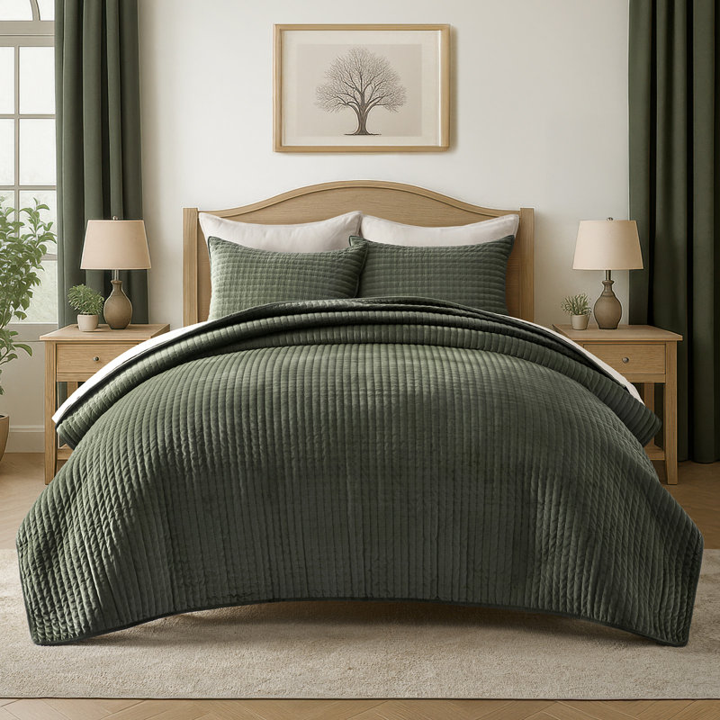 Ensemble de courtepointe PearlVelvet, Courtepointe pour lit grand + deux taies décorati, Vert olive