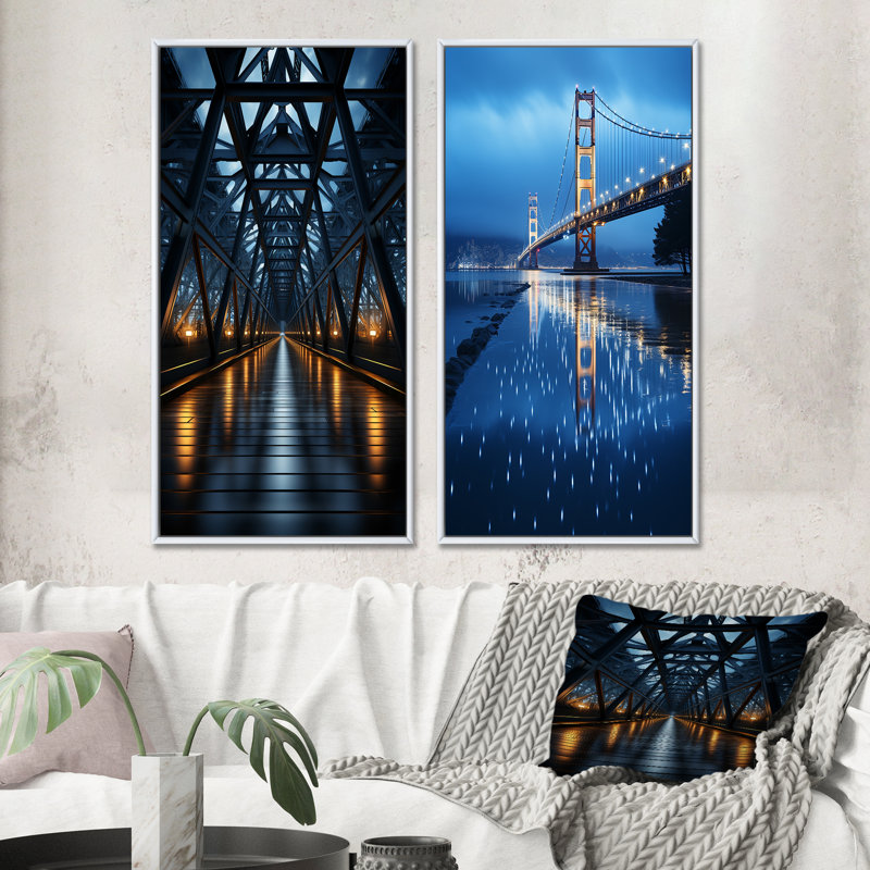 «Blue Bridge Suspension Bridge Charcoal», 2 pièces sur toile, H 40 po x l 40 po, Cadre blanc