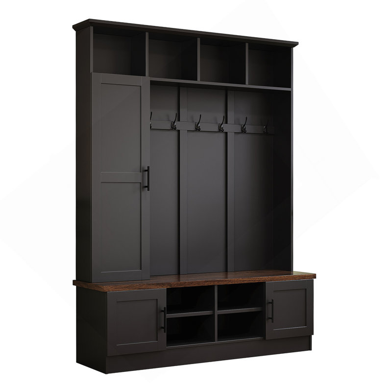 Versatile 3-In-1 Hall Tree With 6 Hooks, Farmhouse Walnut Storage Bench With Adjustable Shelves, 55"W Entryway Coat Rack With Multiple Storage Space For Mudroom, Hallway, Black