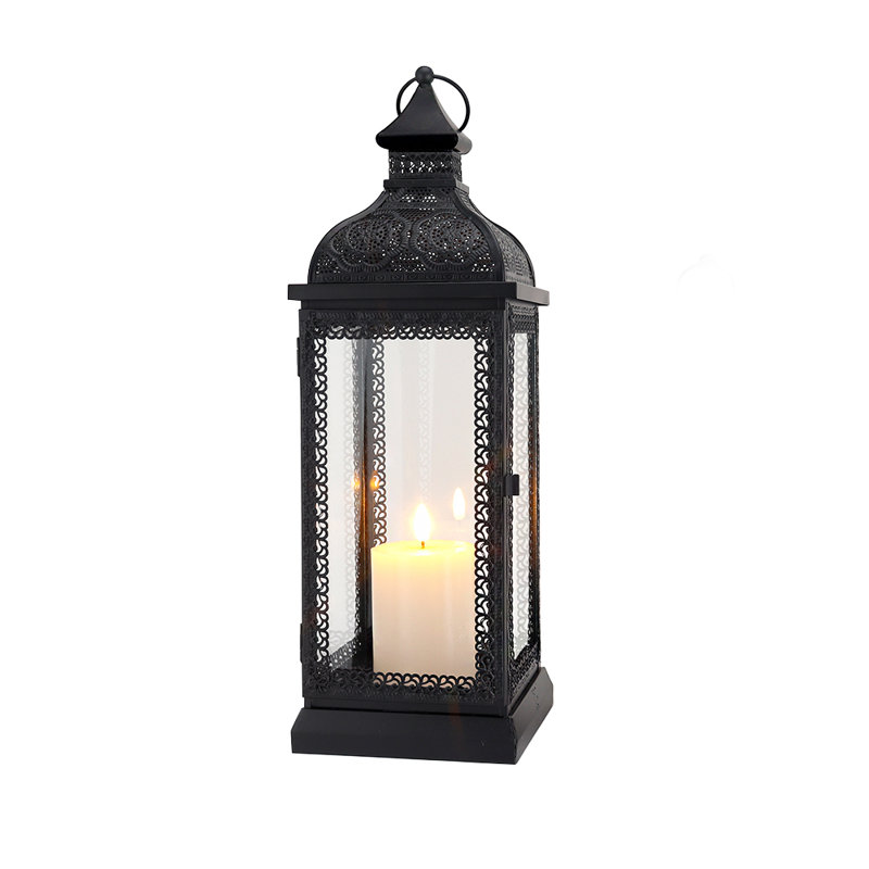 Glass & Metal Tabletop Lantern, 46cm H x 15cm W x 15cm D, Black