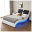 Base de lit plateforme en similicuir pour grand lit avec éclairage à DEL, haut-parleurs Bluetooth et tête de lit vibrante en blanc