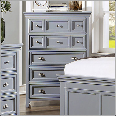 Commode transitionnelle à 5 tiroirs avec tiroirs doublés de feutre, glissières à roulement à billes et finition grise élégante pour les chambres à coucher modernes