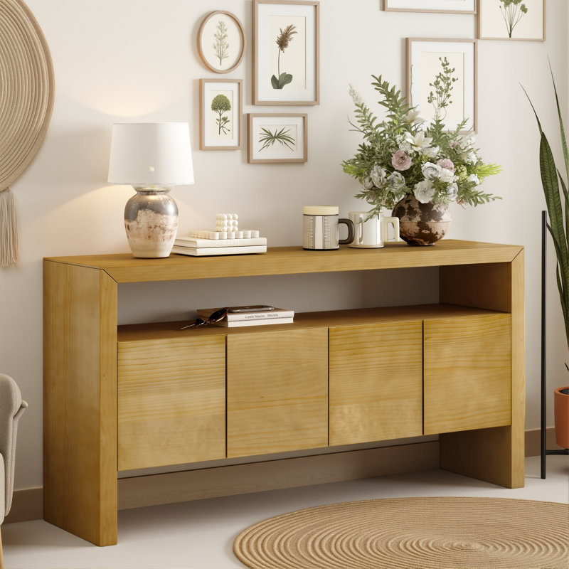Sable 60" Buffet Table with Storage Cabinets & Open Shelves, Natural