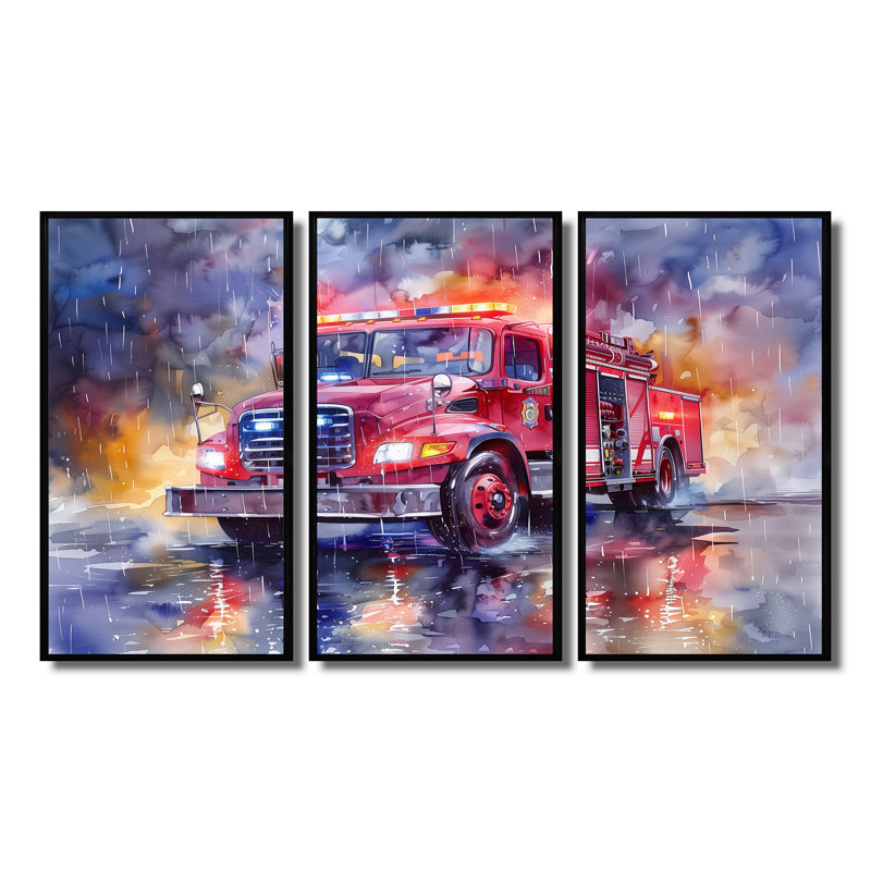 Camion de pompier rouge sous la pluie New York - ensemble de décoration murale pompier, Toile avec cadre flottant noir