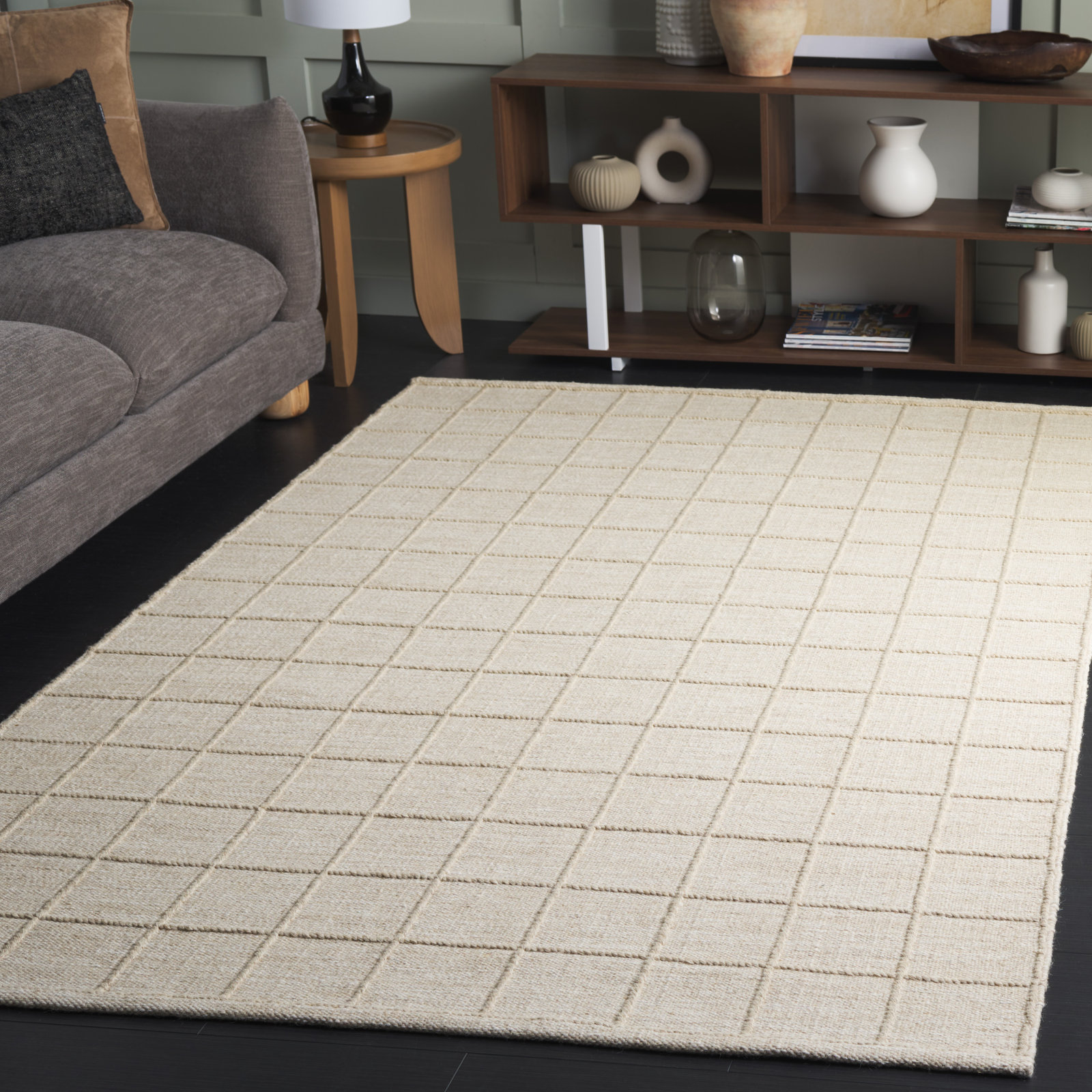 Beige Hand-Woven Geometric Wool Rug, Rectangle 5' x 8'