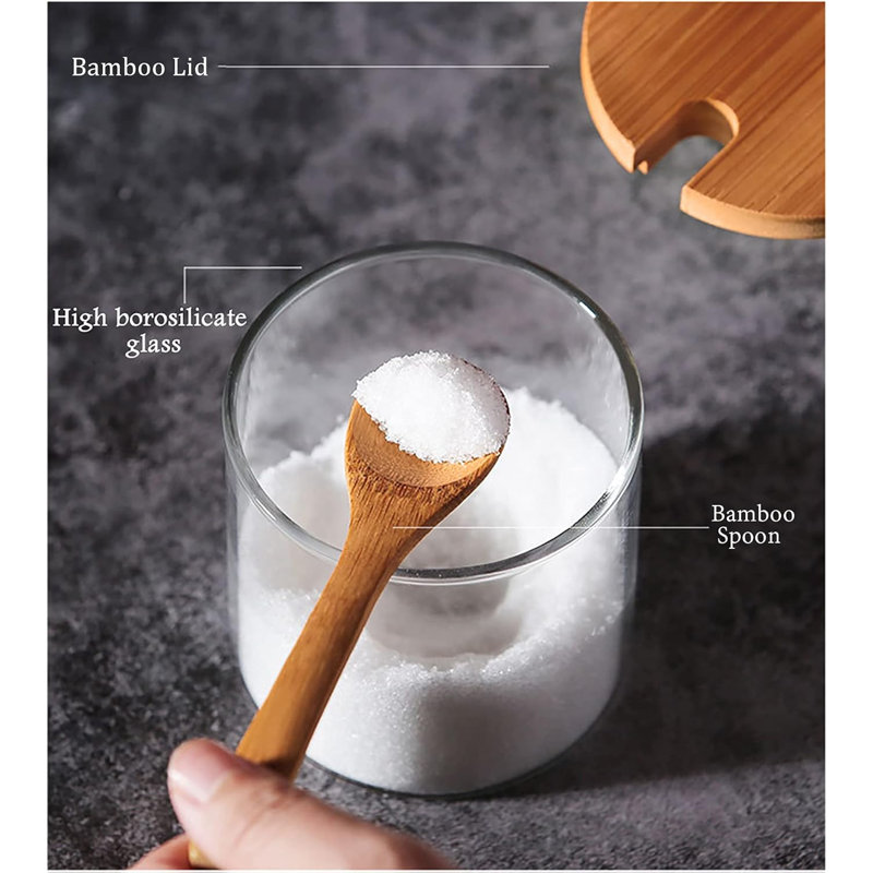 3 PCS Stylish Simple Condiment Canisters Pots Set, Decorative Storage Seasoning Glass Container Box With Bamboo Spoon Lid And Base For Home Kitchen Café Storing Salt Sugar Pepper Spice