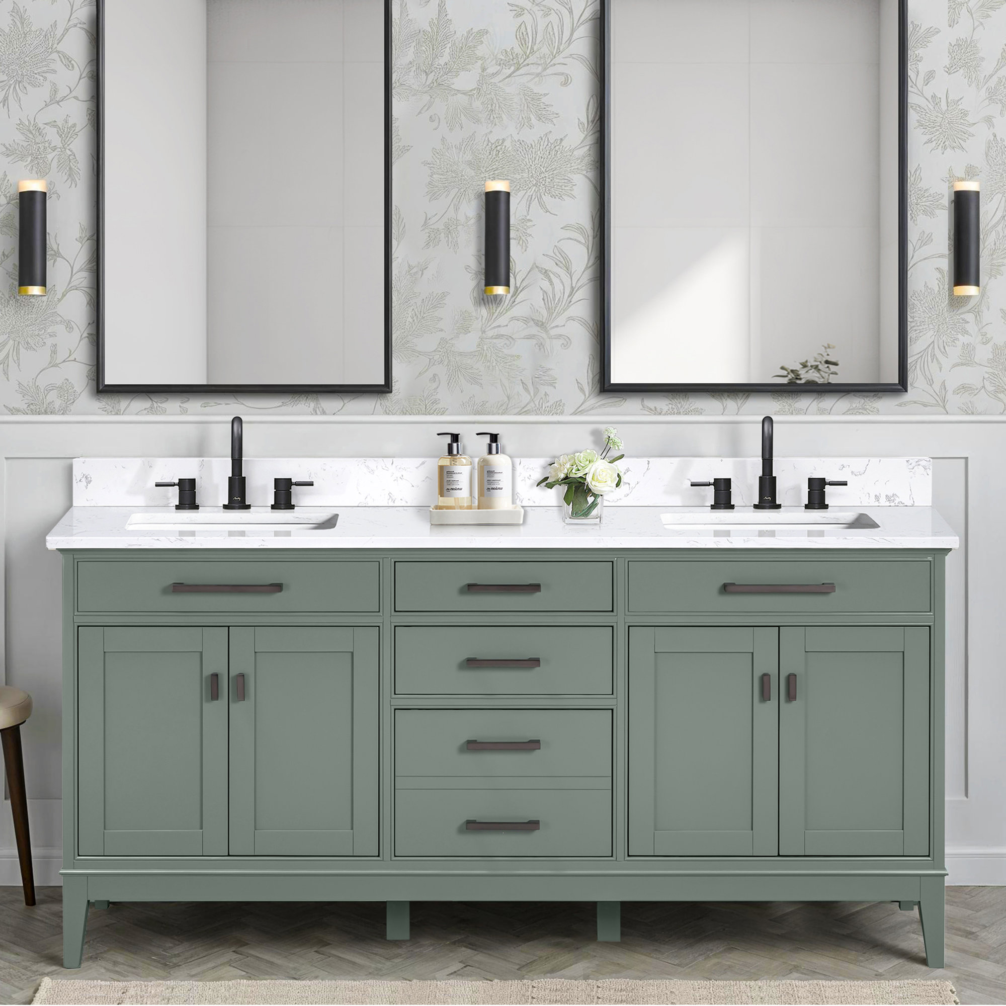 Anglet 73" Double Bathroom Vanity Set, Smoke Green, Cala White