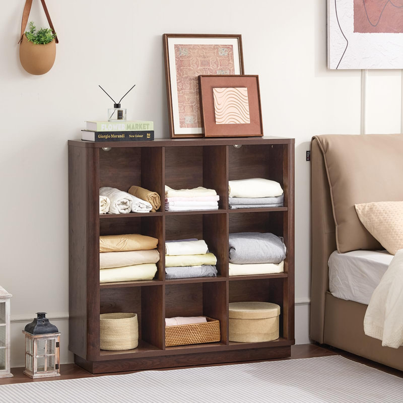 9 Cube Storage Book Shelf, 41" Tall Organizer Bookcase With Curved Edge, Wood Floor Standing 3-Tier Cubby Bookshelf With Base, Vintage Display Book Case For Bedroom, Office