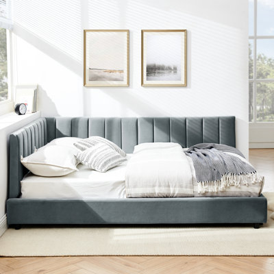 Lit de jour double avec structure, revêtement en velours et lit confortable / pour chambre à coucher, taille velours gris