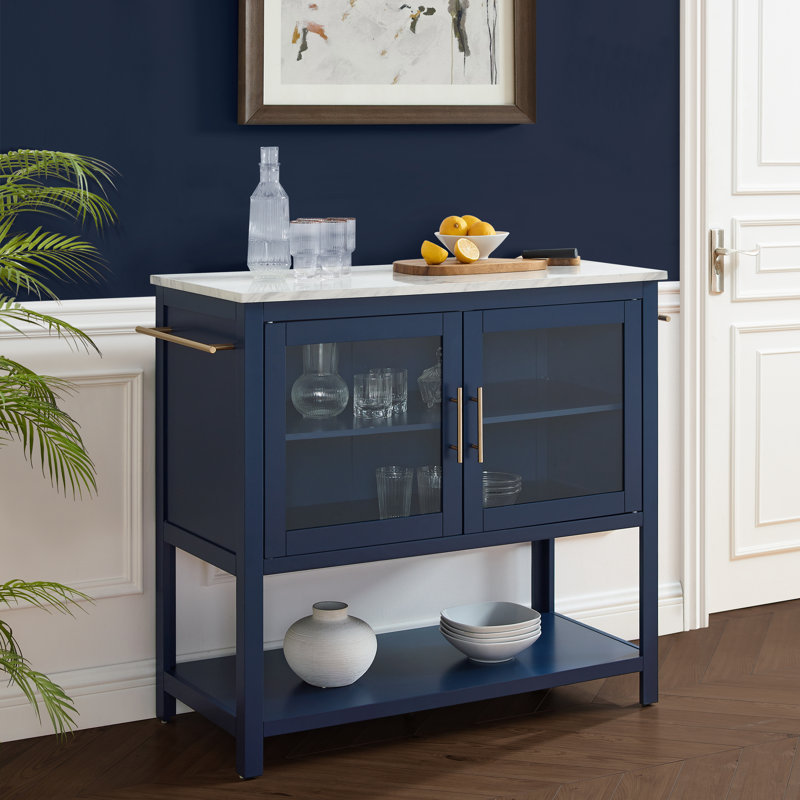 Îlot de cuisine en marbre blanc Alexander-Jay, Bleu marine