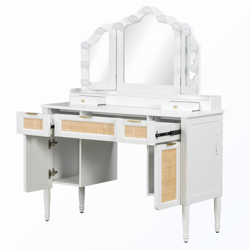 Coiffeuse de maquillage à trois volets avec tabouret, éclairage et station de charge, White