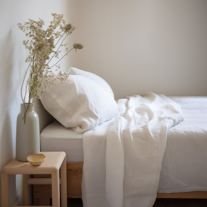 Ensemble de draps 100% lin français 4 pièces, Ensemble de draps pour grand lit avec 2 taies d'or, Blanc cassé