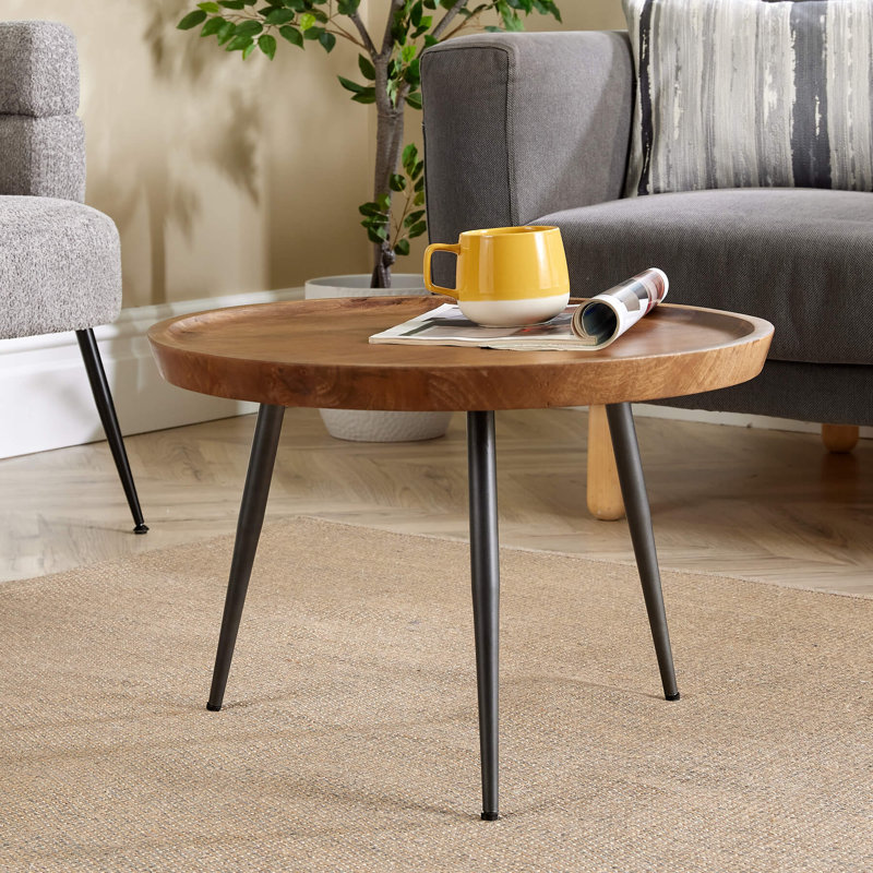 Finzel Solid Mango Wood Industrial Round Coffee Table with Metal Legs, 40cm H x 60cm W x 60cm L